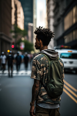 African young man walking in the street. Generative AI illustration.の素材