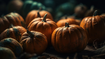 Pumpkins, halloween and thanksgiving concept. Generative AI illustration.の素材