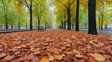 Dry leaves on the park ground in autumn. Generative AI illustration.の素材
