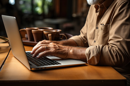 old man's hands typing on a laptop. Generative AI illustration.の素材