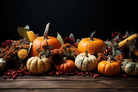 Thanksgiving wallpaper with pumpkins. Generative AI illustration.の素材