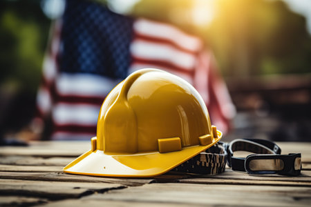 Labor day concept, tools and USA flag. Generative AI illustration.の素材