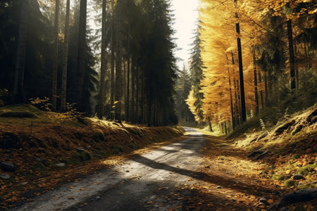 Forest in autumn at sunset. Generative AI illustration.の素材