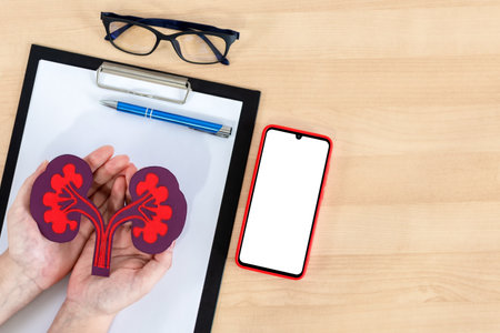 Female hands holding kidneys, smart phone, clipboard and glasses on wooden desk.の写真素材