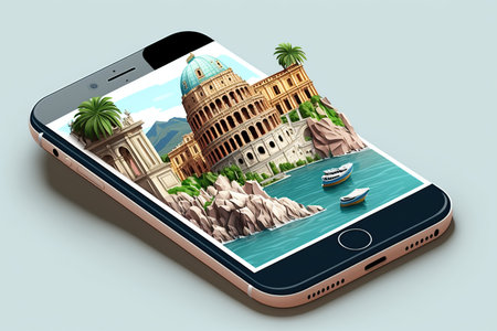 world tourism day with mobile app. Generative AI illustration.の素材