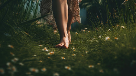 woman walking barefoot on the grass. Generative AI illustration.の素材