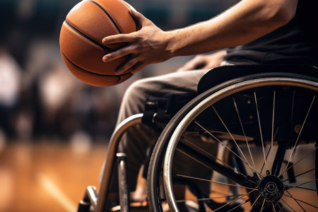 Man in wheelchairs playing basketball. Generative AI illustration.の素材