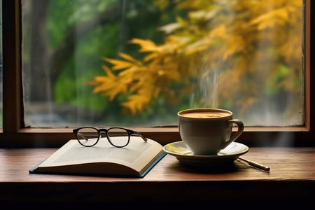 Coffee mug, book near window in autumn. Generative AI illustration.の素材