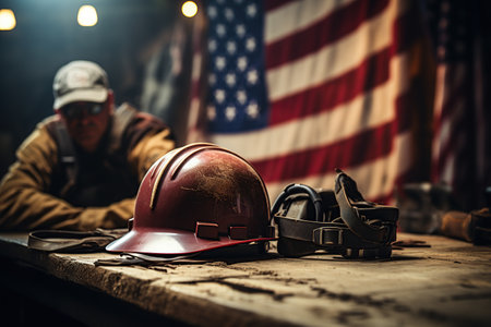 Labor day concept, tools and USA flag. Generative AI illustration.の素材