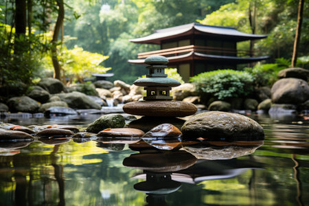 Zen garden in Asia. Generative AI illustration.の素材