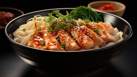 Asian noodle soup ramen on bowl. Generative AI illustration.の素材