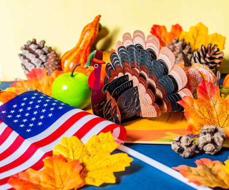 Thanksgiving Cartoon Turkey Character. Paper cut.の写真素材