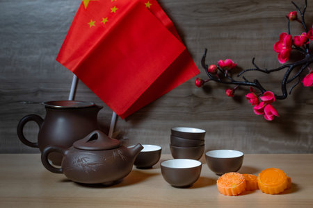 Chinese traditional mid-autumn festival in decorative style. Still life.の写真素材