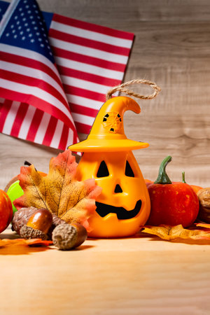 Close up of carved halloween pumpkins on table. Still life.の写真素材