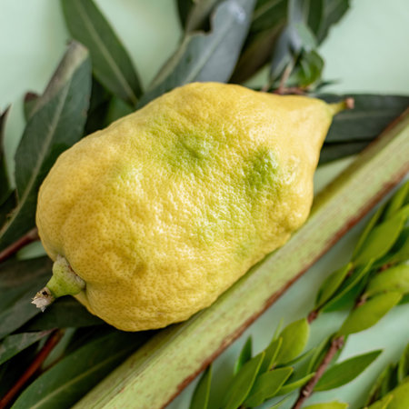 Jewish holiday of Sukkot. Traditional symbols. The four species, Etrog citron, lulav palm branch, hadas myrtle, arava willow.の写真素材