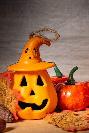 Scary halloween pumpkin on wooden planks. Still life.の写真素材