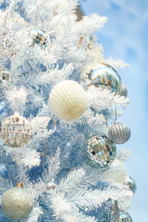 Close up of Christmas tree with white ornaments. still lifeの素材