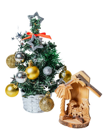 Wooden nativity scene and Christmas tree isolated on white or transparent background cutout.の写真素材