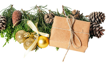 Christmas fir branches, gift boxes isolated on white or transparent background cutout.の写真素材