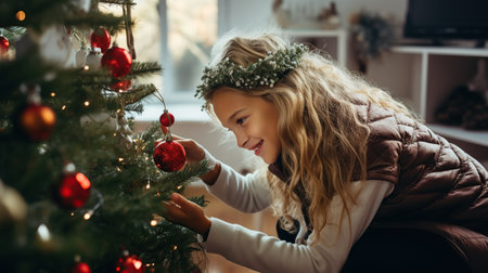 Girl decorating her Christmas tree. AI Generated illustration.の素材
