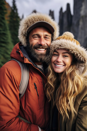 Happy couple taking a selfie on winter vacation. AI Generated illustration.の素材