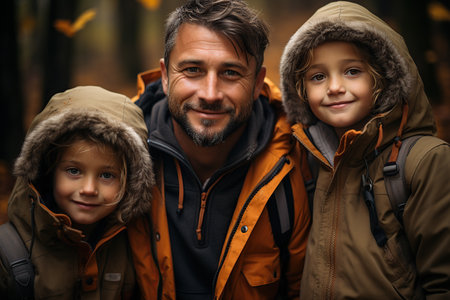 Smiling father with his children in autumn. AI Generated illustration.の素材
