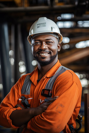 Smiling oil rig worker. AI Generated illustration.の素材