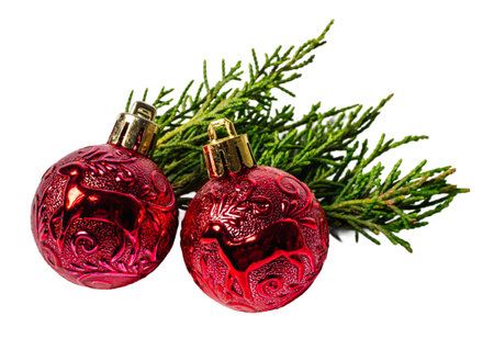 Christmas pine branches and ornaments balls, isolated on white or transparent background cutout.の写真素材