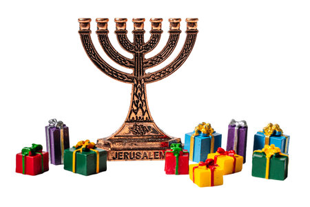 Jewish Candleholder and gifts, isolated on white or transparent background cutout.の写真素材