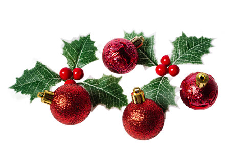 Christmas Holly Leaves and balls ornament, isolated on white or transparent background cutout.の写真素材
