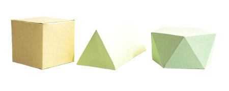 Geometric figures set in paper craft, isolated on white or transparent background cutout.の写真素材