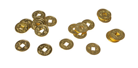 Traditional Chinese golden coin isolated on white or transparent background. AI Generated image.の写真素材