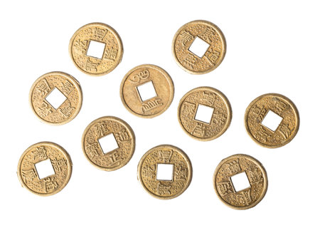 Traditional Chinese golden coin isolated on white or transparent background. AI Generated image.の写真素材