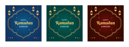 Islamic Ramadan celebration poster template design with gold frame and lantern illustration. Set of Ramadan square background for social media postのイラスト素材