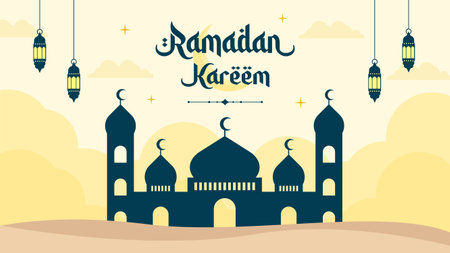 Islamic greetings Ramadan Kareem. Beautiful template poster background design with mosque and lanterns. Ramadan vector illustrationsのイラスト素材