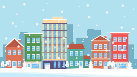 Beautiful winter townscape with colorful houses, buildings, and trees. wallpaper with a snow theme. Vector illustration in flat style. Suitable as a banner, postcard, or templateのイラスト素材