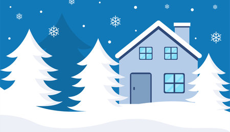 Snow winter house and tree illustration, vector art landscape for winter and new year holidays. flat design style vector illustrationのイラスト素材