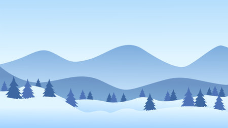 Simple winter landscape illustration, vector background with winter snow theme, flat design style vector illustration of snow hills, clouds and treesのイラスト素材
