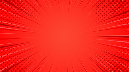 Abstract red comic cartoon vector background. Pop art comic sunburst effect with halftonesのイラスト素材