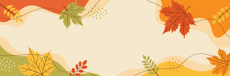 Autumn background with colorful fall leaves, abstract pastel organic banner design, suitable for seasonal templates, festival events, sale banners, websites, and headersのイラスト素材