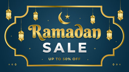 Ramadan Sale banner template with gold frame and lantern illustrations. Up to 50% off. Suitable for sale promotions, e-commerce, social media, events, web, pages and moreのイラスト素材
