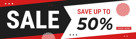 Sale header banner design with geometric background, save up to 50%, suitable for marketing ads,...