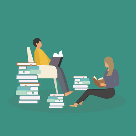 Vector illustration background of two students boy and girl reading seriously, learning, and sitting together. read the book. Study in the library. Education concept.のイラスト素材