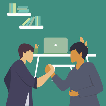Vector illustration background of young business man handshake his colleague to deal a project. Business meeting concept. Business Collaboration. Graphic design vector illustrationのイラスト素材