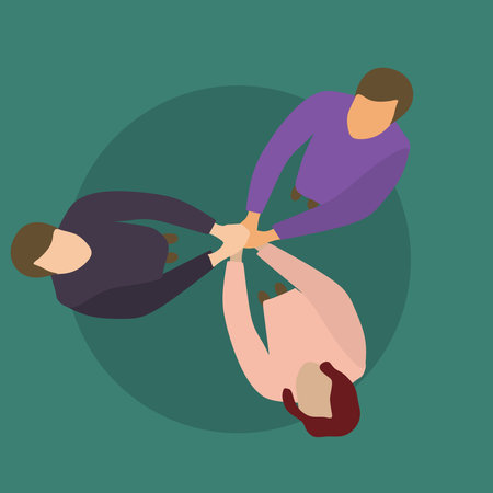 Vector illustration background of young happy business people unite their hands together to form a circle shape symbol, top view. Business Partnership concept. Graphic design vector illustrationのイラスト素材