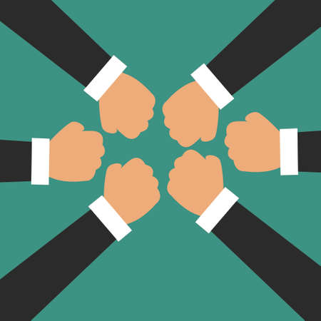 Vector illustration background of young businesspeople unites their hands together to form a circle shape as a unity symbol. Strong Business Teamwork concept. Graphic design vector illustrationのイラスト素材