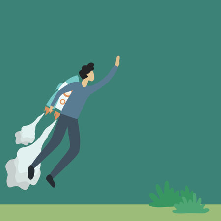Vector illustration background of young handsome male worker flying high using jet pack machine. Success business manager. Fantastic business growth achievement. Graphic design vector illustrationのイラスト素材