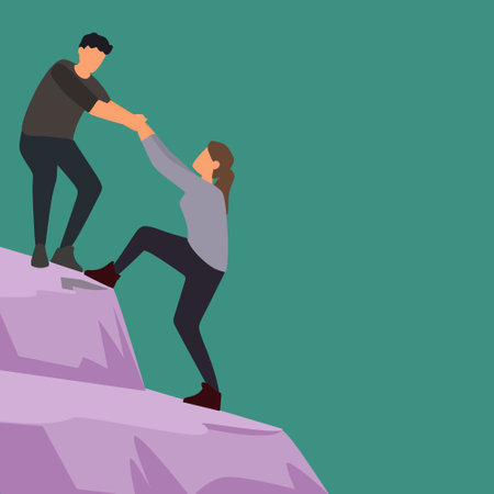 Vector illustration background of young male energetic businessman holding hands his partner to help climbing the hill. Trendy young teamwork support concept Graphic design vector illustrationのイラスト素材