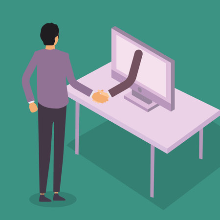 Vector illustration background of businessmen shaking hands to deal with a project. Hand comes out from computer monitor screen. Digital online transaction concept. Graphic design vector illustrationのイラスト素材