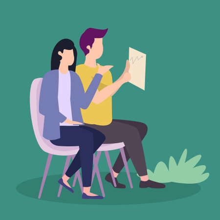 Vector illustration background of two young male and female worker holding a paper and discussing about work together at the office. Job discussion concept Graphic design vector illustrationのイラスト素材